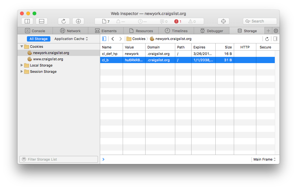 Safari devtools cookies