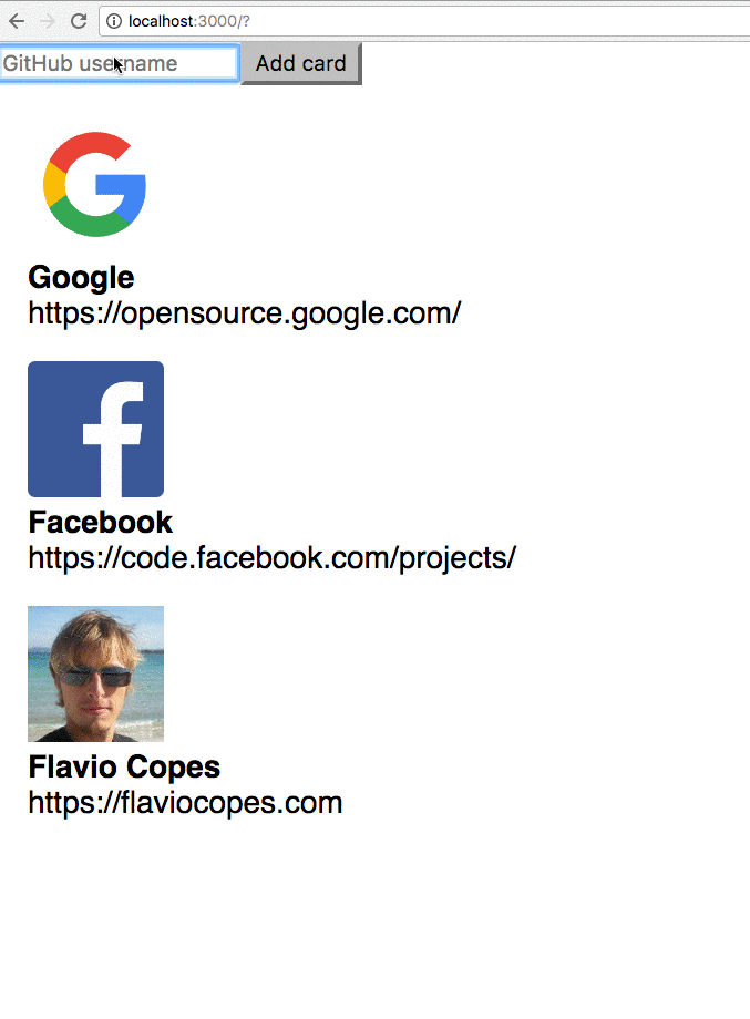 The React example output
