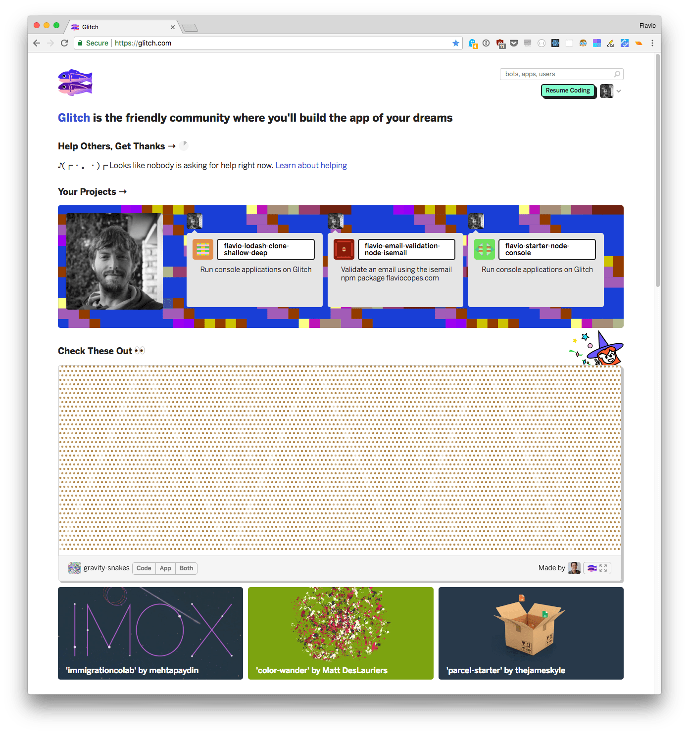 The home page once logged in