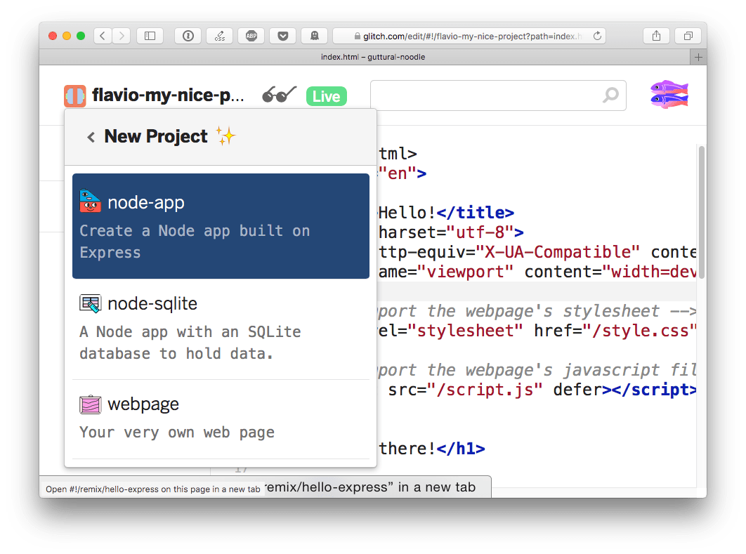 Create a new project on Glitch