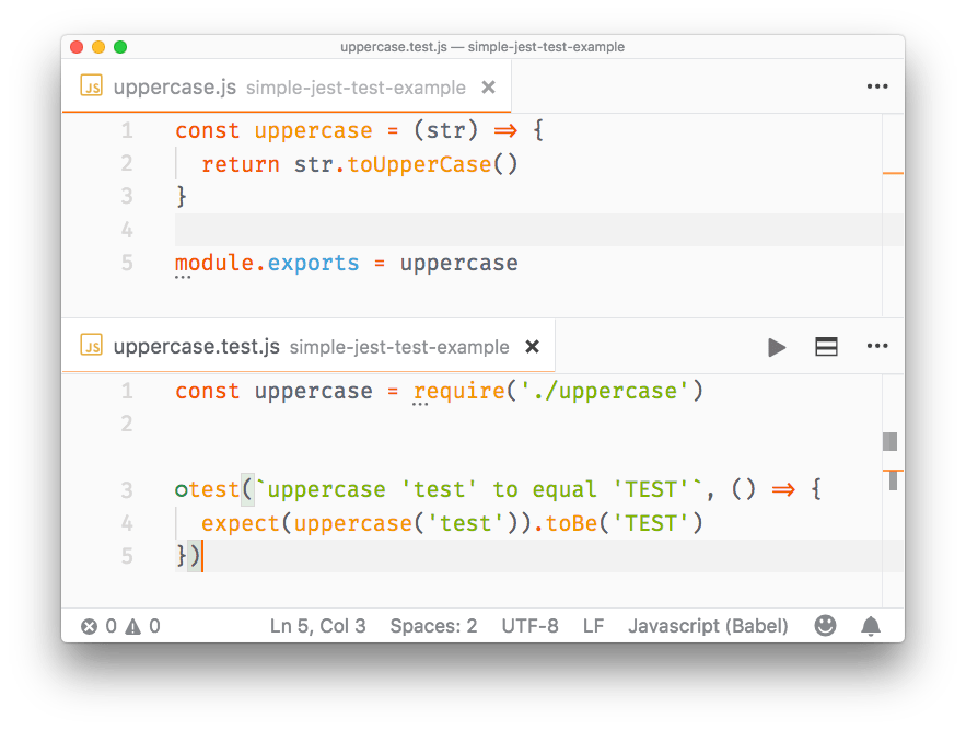 A simple Jest test running in VS Code