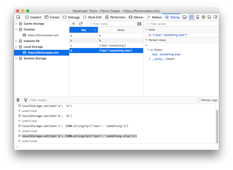 Firefox DevTools local storage