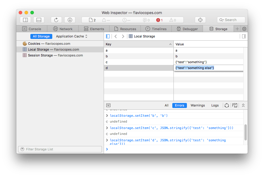 Safari DevTools local storage